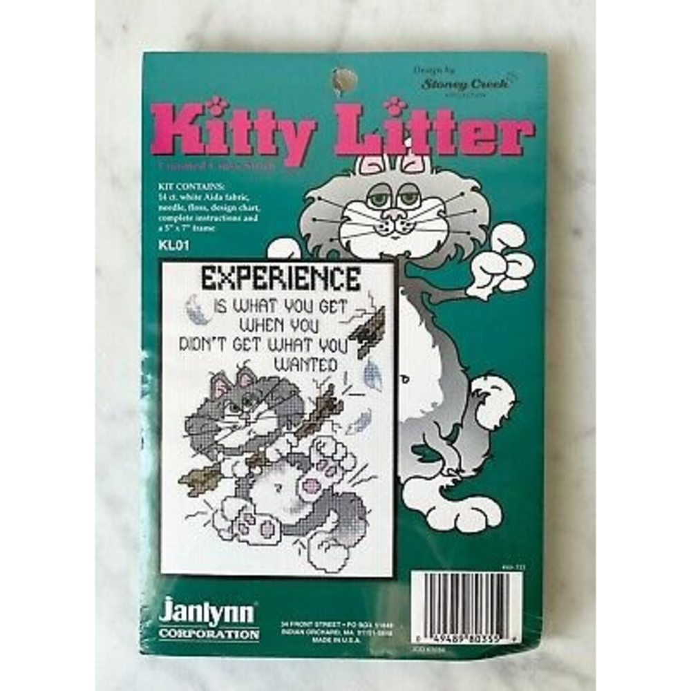 Janlynn Kitty Litter Counted Cross Stitch Kit Experience w/Black 5 x 7 Frame NEW